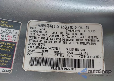 2005 Nissan 350Z Touring z USA, uszkodzony, nr VIN JN1AZ36A05M753901